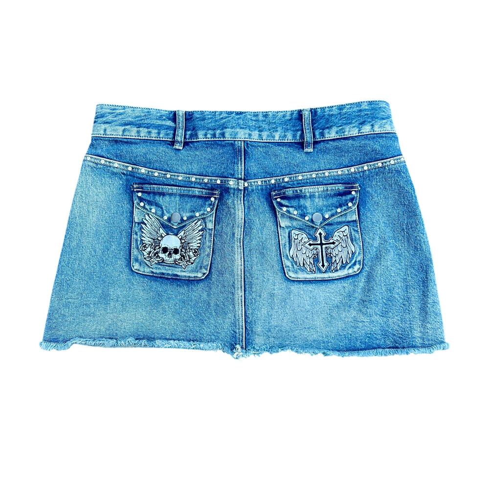 Social Collision Skulls wings festival denim mini skirt size M